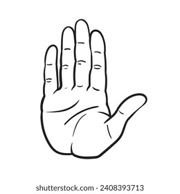 One Hand showing five fingers. Stopping gesture. stop character.Hand gesture sketch on a white background. vector Illustration.