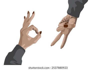 One hand showing sign of everything is alright and another hand showing peace hand sign, isolated on white background. Vector illustration.