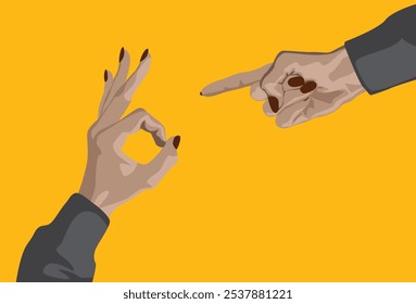 One hand showing sign of everything is alright and another hand pointing with index finger, isolated on orange background. Vector illustration.