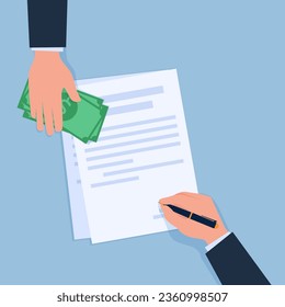 una mano firma un acuerdo mientras la otra tiene dinero, una metáfora de un acuerdo de soborno