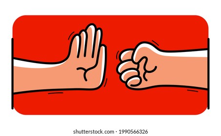 Eine Hand hält eine andere mit aggressiv geklammerten Faust Stopp Gewalt Konzept, Vektorgrafik im flachen Stil einzeln auf Weiß, gegen Grausamkeit und Verbrechen.
