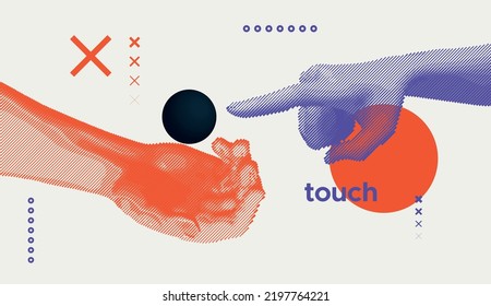 One hand throws the ball. Another tries to touch him. Technologies of the future. Line drawing. 3D vector illustration for science, technology or education.