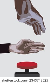 One hand trying to reach and push big red button and other hand trying to stop the first one.