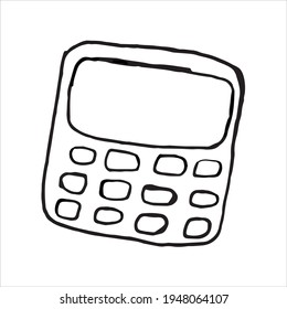 One hand-drawn calculator. Doodle vector illustration. Isolated on a white background, black and white graphics