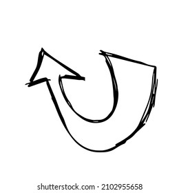 One hand-drawn geometric element. Arrow, pointer, black vector element for design. Doodle isolated on white