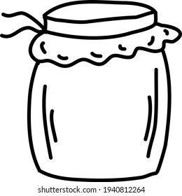 Un frasco de mermelada dibujado a mano. Ilustración del vector Doodle. Aislados sobre un fondo blanco, gráficos en blanco y negro