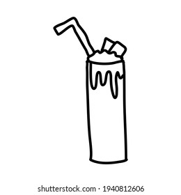 One hand-drawn milkshake with a straw. Doodle vector illustration. Isolated on a white background, black and white graphics