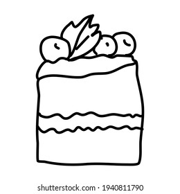 One hand-drawn piece of cake with berries .Doodle vector illustration. Isolated on a white background, black and white graphics