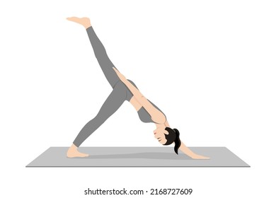 One Handed Three Legged Downward Facing Dog Pose. Beautiful girl practice Eka Hasta Tri Pada Adho Mukha Svanasana. Young attractive woman practicing yoga exercise. working out, black wearing