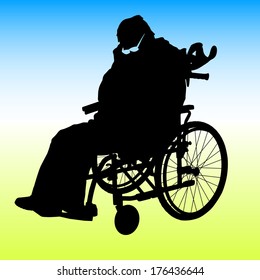 One handicapped man in wheelchair silhouette. Vector illustration.