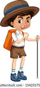 Ein glücklicher Junge mit Rucksack und Laufstickerei