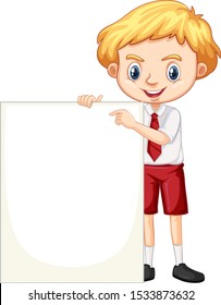 Un niño feliz con una ilustración en blanco