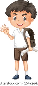 One happy boy with brown backpack illustration