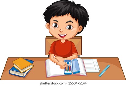 One happy boy doing homework on desk illustration