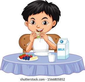 One happy boy eating on the table illustration