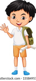 One happy boy with green backpack illustration