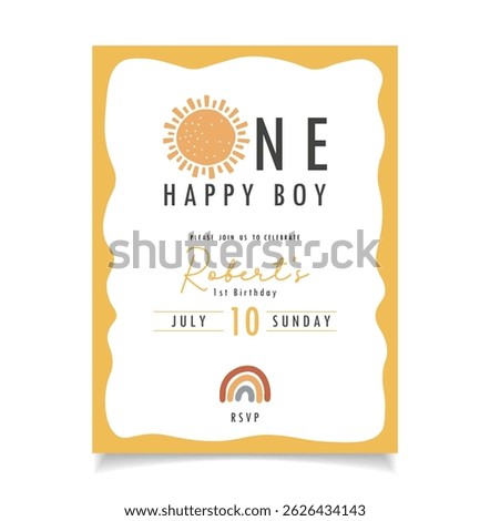 One happy boy party Invitation, Birthday animal collection, cake, gifts, sun, boy party invitation