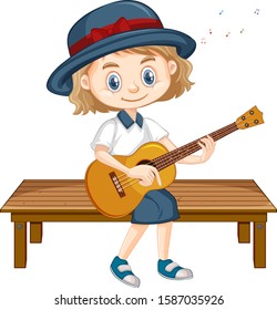 One happy girl playing guitar on seat illustration