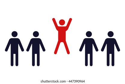 one happy jumping human figure in a row of identical standing men - vector illustration