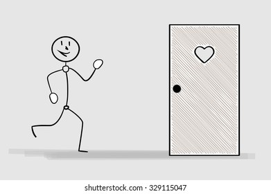 one happy running man and door with heart, latrine door, crosshatched image