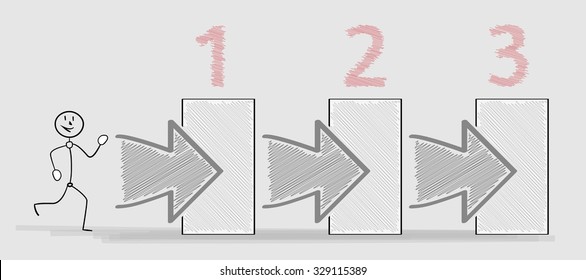 one happy running man and three doors, crosshatched image