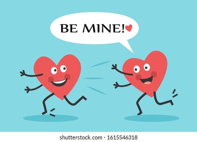 one happy sweet red heart runs and wants to catch another heart