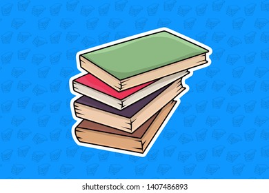 One heap of closed colored books or notepads with white stroke around in style of sticker on blue background with contour pattern