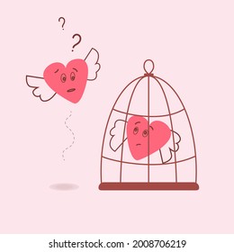 one heart is in a cage, and the other is looking at it