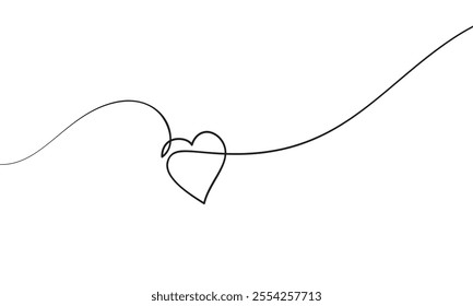 One heart in on wavy line, Drawing with continuous black line on a white background, Symbol of love