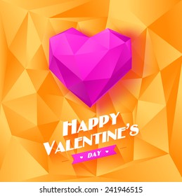 One heart on yellow backdrop with long shadow and arrow. Vector Illustration. Abstract polygonal heart. Love symbol. Lights and pink sparkles. Low-poly colorful style. background for Valentines day