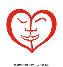 One heart with two different faces. Symbol of love, for valentine's day, kissing couple, heart design with faces inside.