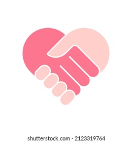 One heart, two hand palms, care love symbol. Pink heart handshake icon. Flat vector illustration isolated on white background.