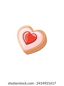 One heart-shaped cookie with strawberry jam. Color vector image.
