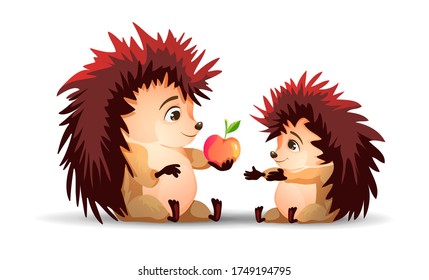 One hedgehog gives an apple to the second hedgehog. Mom and Son. Vector hedgehog. Cartoon characters