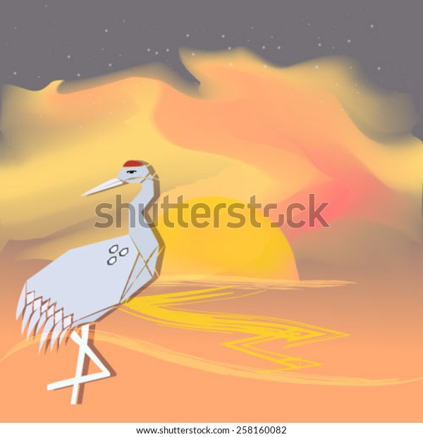 One Heron Origami Paper Sunset Vector Stock Vector Royalty