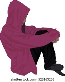 one Hooded man tired sad despair silhouette Full length in studio isolated on white background, Vector silhouette of girl sitting with symbolizing sadness and depression, 