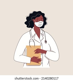 One hospital physician holding patient documents in hands. Waist-length portrait of female doctor or nurse in lab coat with stethoscope.  Dark-skinned woman medic.