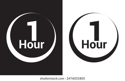 Ein-Stunden-Uhr-Symbol. isoliert auf weißem und schwarzem Hintergrund. EPS 10