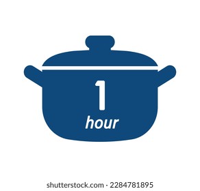 one hour cooking time blue label, cooking pot symbol with 1 hr mark, boiling time vector illustration