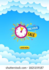 One hour sale banner. Cloud sky background with offer message. Discount sticker shape. Special offer timer icon. Best advertising coupon cloud banner. One hour badge shape. Blue sky background. Vector