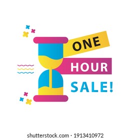 one hour sale countdown lettering with hourglass vector illustration design