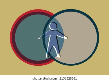 One human figure between two different circular elements with dark and light shades. Editable Clip Art.