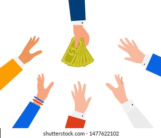 One human hand giving money to other people. Funding, payment concept.  Other hands try to reach green banknotes and take them