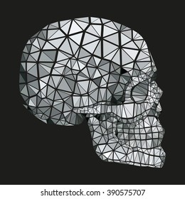 One human skull on a black background in a manner a triangulation