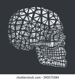 One human skull of white color on a black background in triangulation manner 