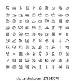 one hundred black outline computer icons isolated on white