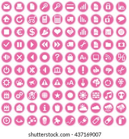 One hundred and business icons on pink stars