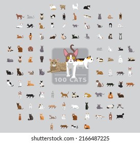 One Hundred Cats Cartoon Vector Illustration Set