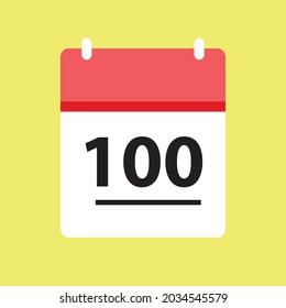 Icono de vector de cien días calendario rojo y blanco sobre fondo amarillo