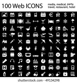 One hundred different highly detailed vector Icons for Web Applications. Media, Medical, Party, Hotel and Travel.